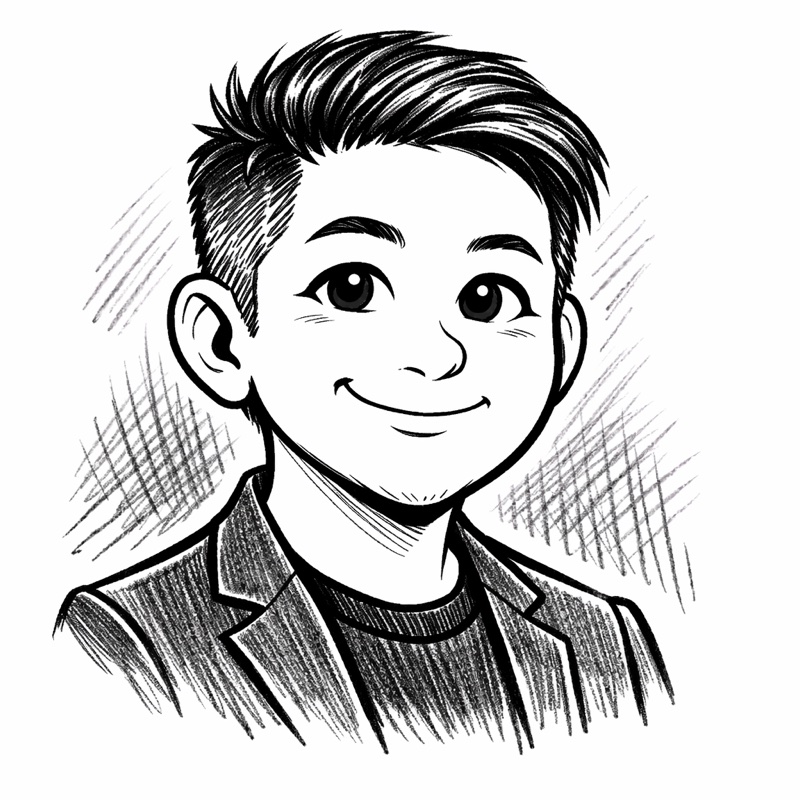 A pencil sketch of Johnny, smiling, in a jacket